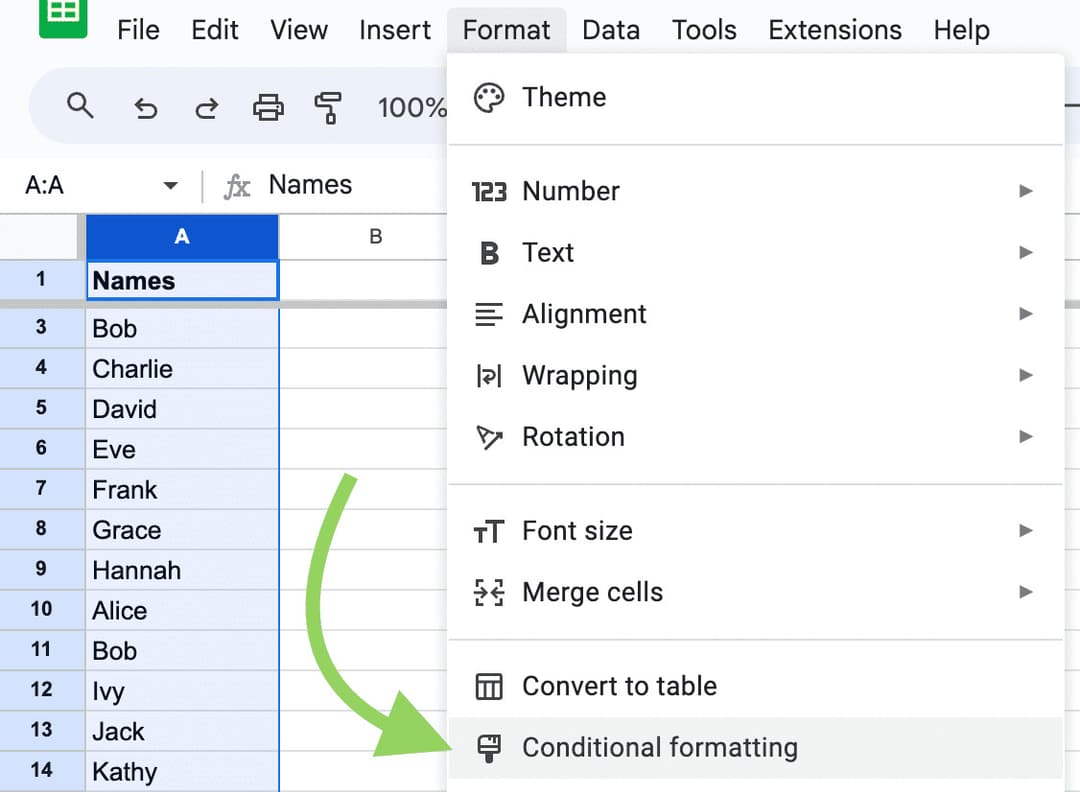 Select conditional formatting to Highlight Duplicates in Google Sheets